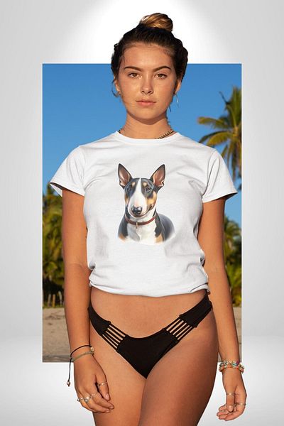 Angemiel تي شيرت مطبوع من الأمام للنساء والرجال باللون الأبيض من Brave Miniature Bull Terrier Dog