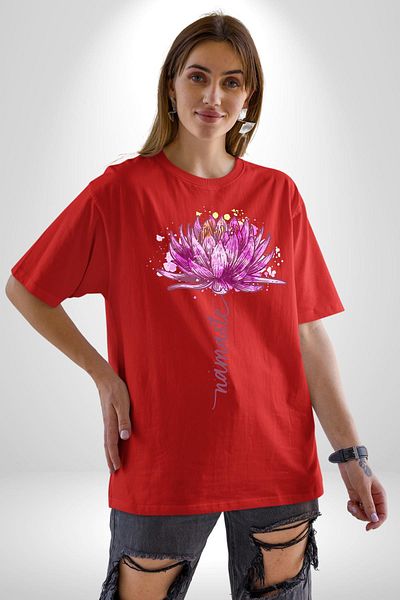 Angemiel Purple Lotus Flower and Namaste Written Yoga Red Oversize Women's Men's Front Printed T-Shirt
