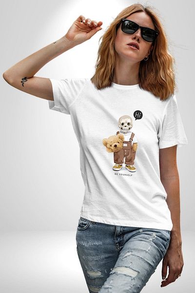 Angemiel تي شيرت مطبوع عليه Be Yourself Bear Bear Teddy أبيض كبير الحجم للنساء والرجال مطبوع من الأمام