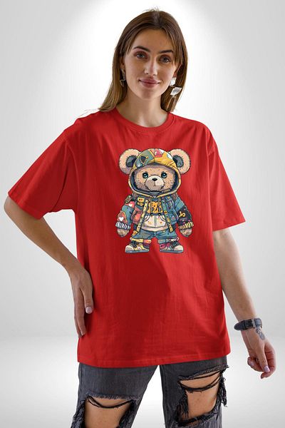 Angemiel Cute Hip-Hop Graffiti Bear Red Oversize Women's Men's Front Printed T-Shirt