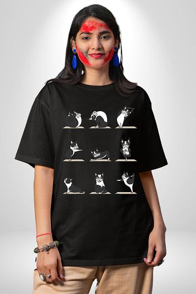 Angemiel Yoga Doing Yoga Dog Doing Yoga Black Oversize Women's Men's Front Printed T-Shirt