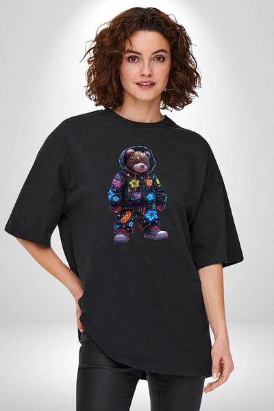 Angemiel Starry Night Bear Colorful Night Adventure Black Oversize Women's Men's Front Printed T-Shirt