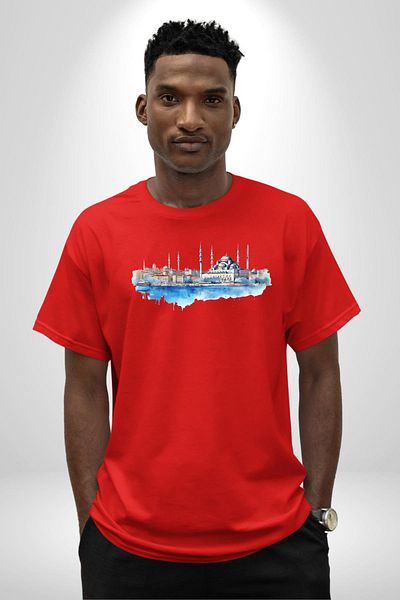 Angemiel Sultanahmet Mosque and Strait Illustration Red Oversize Women's Men's Front Printed T-Shirt