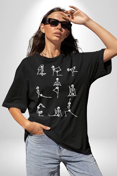 Angemiel Skeleton Yoga Poses Black Oversize Women Men Front Printed T-Shirt