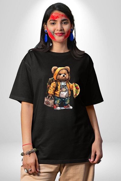 Angemiel Modern Style Backpack Teddy Bear Taco Teddy Black Oversize Women Men Front Printed T-Shirt