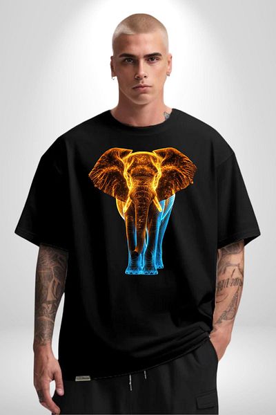 Angemiel Light Effect Elephant Black Oversize Women's Men's Front Printed T-Shirt