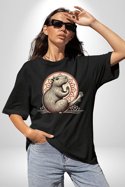 Angemiel Relaxation Art the State of Quiet Power Black Oversize Women's Men's Front Printed T-Shirt