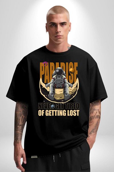 Angemiel Astronaut Black Oversize Women's Men's Front Printed T-Shirt for Those Who Love Getting Lost in Space