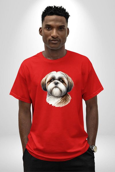 Angemiel Cheerful Shih Tzu Small Breed Dog Friendly Red Oversize Women's Men's Front Printed T-Shirt