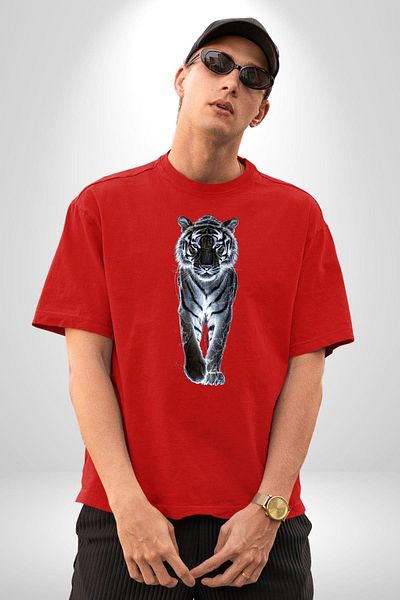 Angemiel Red Tiger Artistic Red Oversize Women's Men's Front Printed T-Shirt