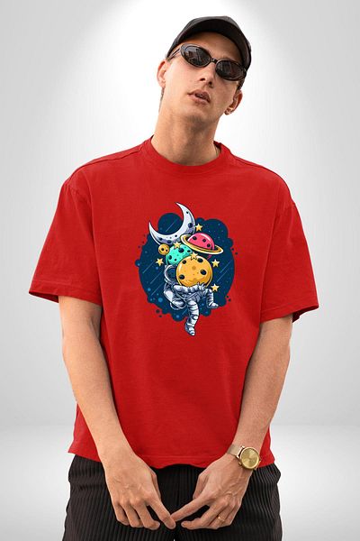 Angemiel Astronaut Carrying Planet Collecting Stars Adventure Red Oversize Women's Men's Front Printed T-Shirt