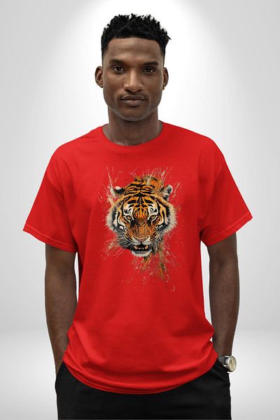 Angemiel Tiger's Fury Tiger Head Red Oversize Women's Men's Front Printed T-Shirt