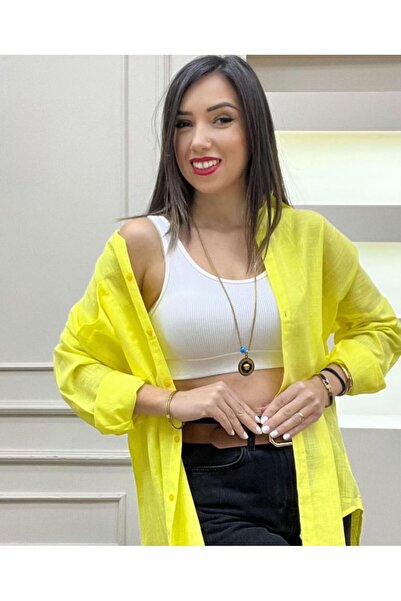 Style Oversize Standart Beden Pamuk Keten Gömlek Sarı