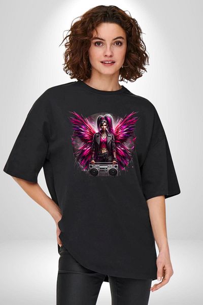 Angemiel Boombox and Bright Wings Design Black Oversize Women's Men's Front Printed T-Shirt