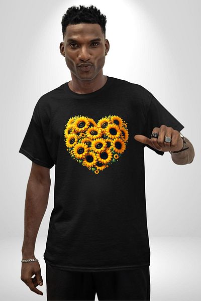 Angemiel Special Design Heart Spring Black Oversize Women's Men's Front Printed T-Shirt with Sunflower