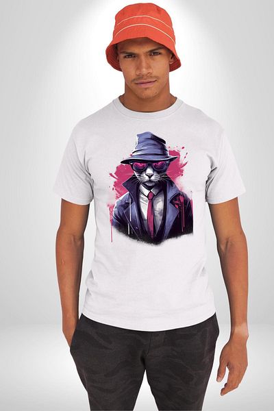 Angemiel Cool Detective Cat White Oversize Women's Men's Front Printed T-Shirt