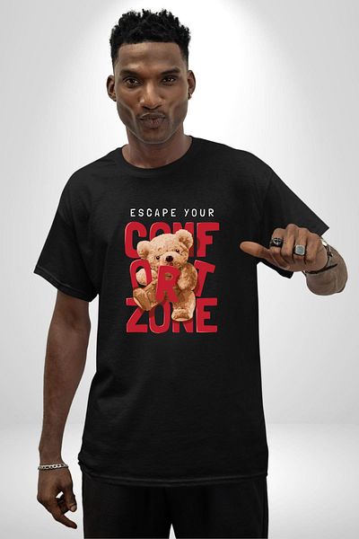 Angemiel Get Out of Comfort Zone Bear Design Black Oversize Women's Men's Front Printed T-Shirt