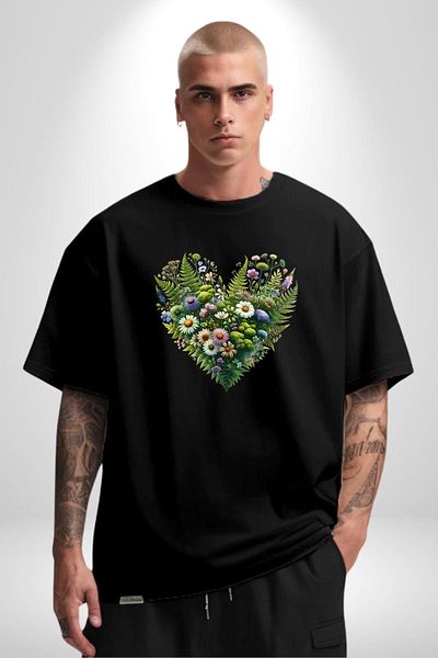 Angemiel Dance of Flowers Nature Love Garden in the Heart Black Oversize Women's Men's Front Printed T-Shirt