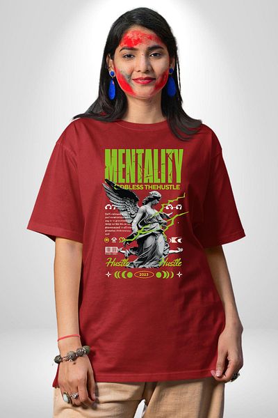 Angemiel Mindset Bustle Written Angel Red Oversize Women's Men's Front Printed T-Shirt
