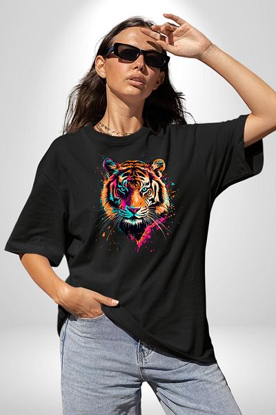 Angemiel Neon Vivid Color Tiger Black Oversize Women's Men's Front Printed T-Shirt
