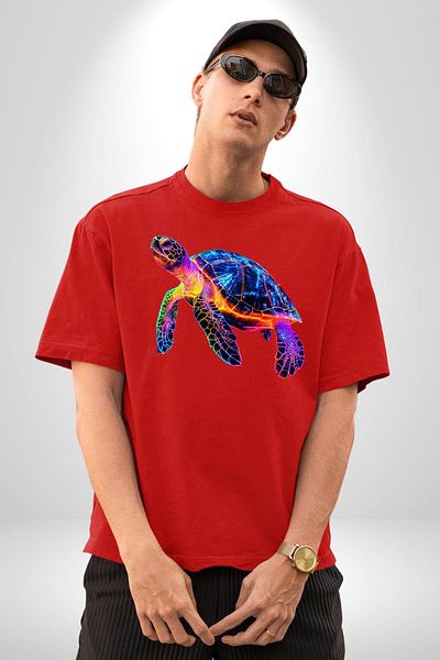Angemiel Neon Turtle Red Oversize Women's Men's Front Printed T-Shirt