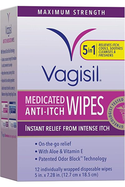 Vagisil Anti-Itch Medicated Feminine Intimate Wipes, Maximum Strength, 12 Wipes (Resealable Pouch)