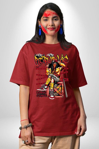 Angemiel Streetwear Red Oversize Women Men Front Printed T-Shirt with Hip-Hop Style