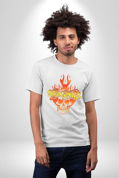 Angemiel تي شيرت Aerosmith Fire Skull أبيض كبير الحجم للنساء والرجال مطبوع من الأمام
