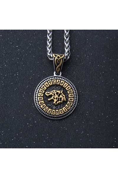 Viking Nordic Mythology Odin Runic Alphabet Wolf Design 316L Stainless Steel Necklace