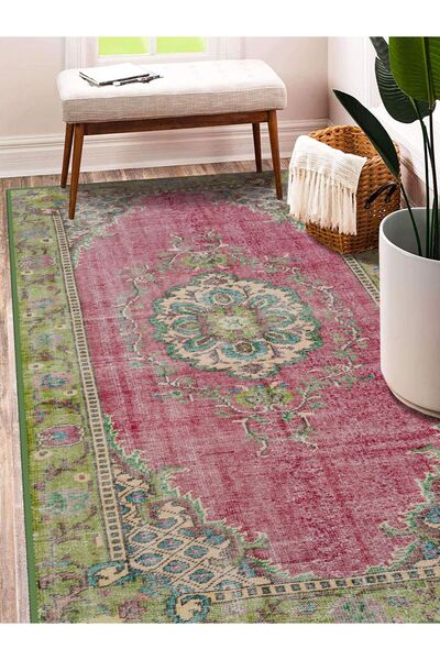 rugseason Vitage yeşil pempe çiçek desenli eskitme model dokuma taban kilim
