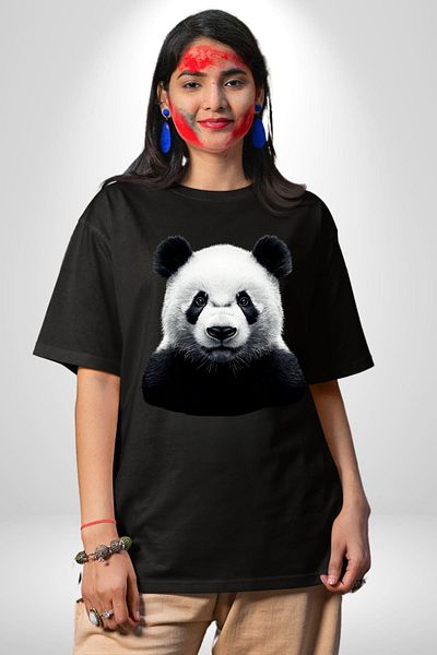 Angemiel Black White Panda Black Oversize Women's Men's Front Printed T-Shirt