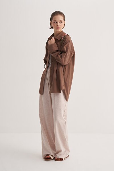 EBU Prive Γυναικείο πουκάμισο από οργανικό βαμβάκι oversized ρόμπες καφέ