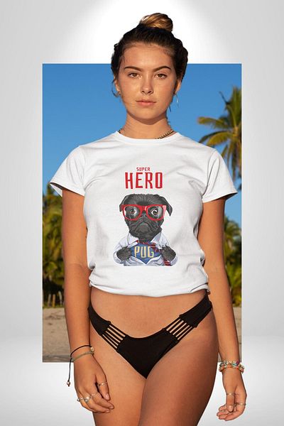 Angemiel تي شيرت Super Pug Hero Dog أبيض كبير الحجم للنساء والرجال مطبوع من الأمام