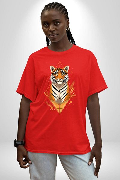 Angemiel Tiger Artistic Red Oversize Women's Men's Front Printed T-Shirt