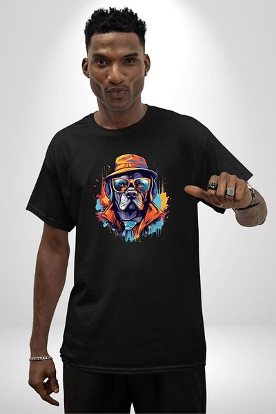 Angemiel Glasses Wearing Boss  Dog Black Oversize Women Men Front Printed T-Shirt