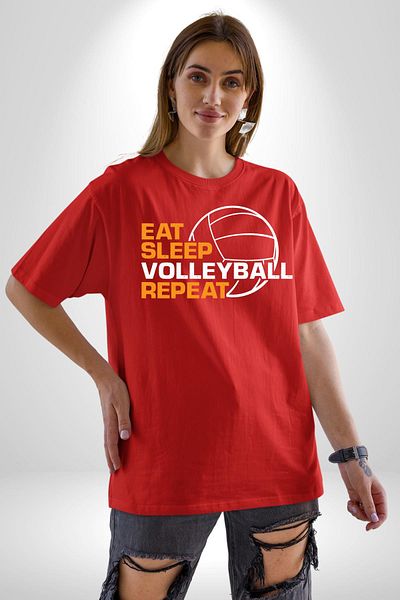 Angemiel Eat Sleep Volleyball Repeat Written Red Oversize Women Men Front Printed T-Shirt