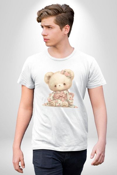 Angemiel Pink Teddy Bear Design with Kimono White Oversize Women's Men's Front Printed T-Shirt