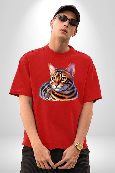 Angemiel Bengal Cat Red Oversize Women's Men's Front Printed T-Shirt