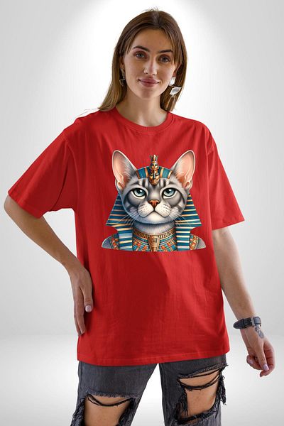 Angemiel Egyptian Mau's Royal Crown Cat Red Oversize Women's Men's Front Printed T-Shirt