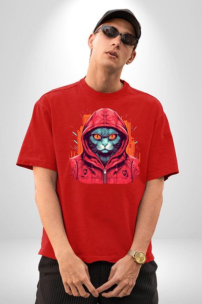 Angemiel Red Hooded Cat  Style Red Oversize Women's Men's Front Printed T-Shirt