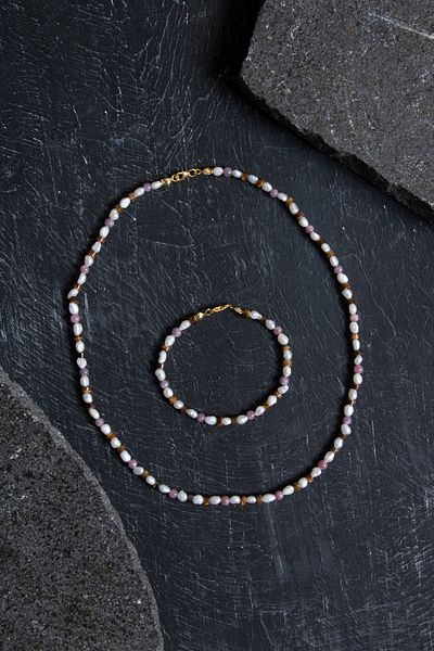 OSMANLI DOĞAL TAŞ Certified Ruby, Pearl, Tiger's Eye Silver Closure Natural Stone Set