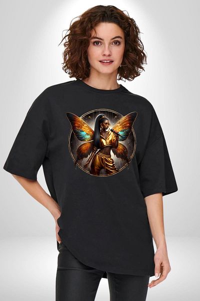 Angemiel Golden Yellow Winged Rapper Hip Hop Style Black Oversize Women's Men's Front Printed T-Shirt