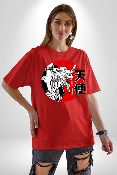 Angemiel Neon Genesis Evangelion Angel Anime Red Oversize Women's Men's Front Printed T-Shirt