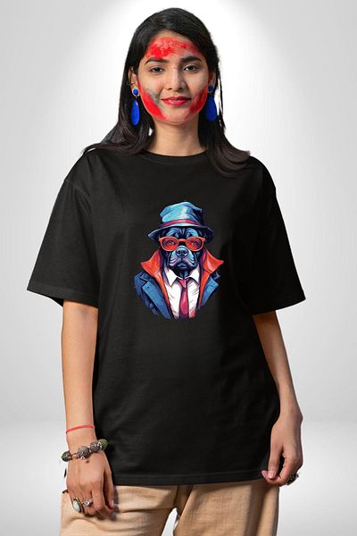 Angemiel Stylish Cool Suit Dog with Hat Black Oversize Women's Men's Front Printed T-Shirt