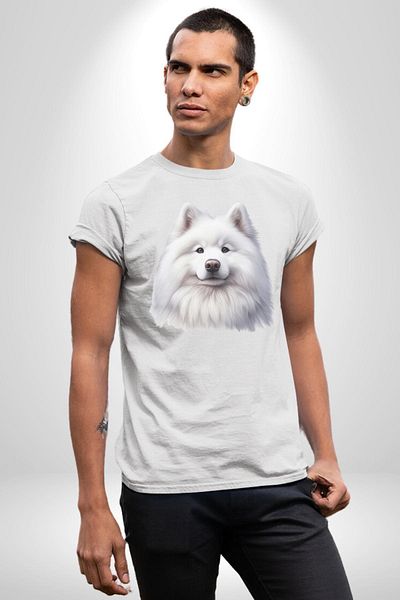 Angemiel تي شيرت أبيض مطبوع من الأمام للنساء والرجال ذو حجم كبير من White Samoyed Dog