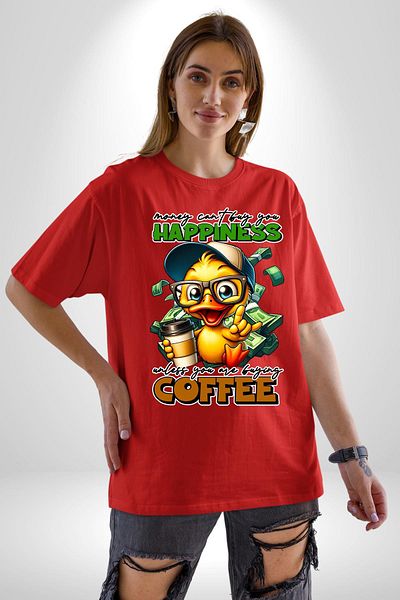 Angemiel Coffee Red Oversize Women's Men's Front Printed T-Shirt for Happiness