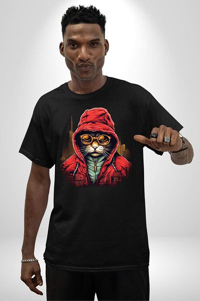 Angemiel Hooded Cat Pattern Black Oversize Women's Men's Front Printed T-Shirt