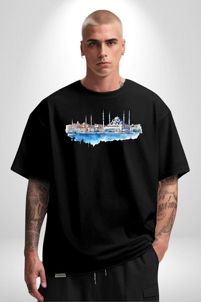 Angemiel Sultanahmet Mosque and Strait Illustration Black Oversize Women's Men's Front Printed T-Shirt