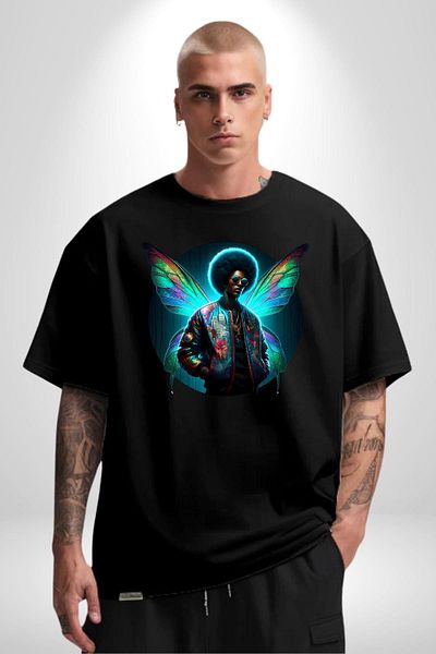 Angemiel Modern Men's Black Oversize Women's Men's Front Printed T-Shirt with Glasses and Wings