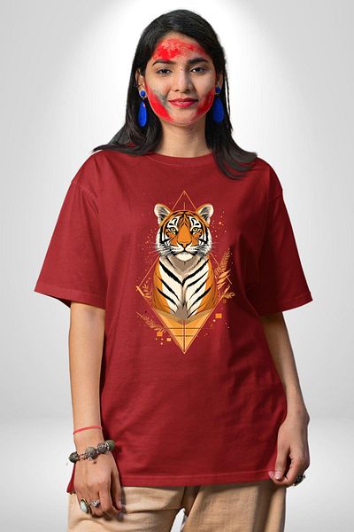 Angemiel Tiger Artistic Red Oversize Women's Men's Front Printed T-Shirt